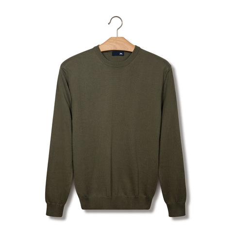 Pull col rond en coton & laine vert kaki