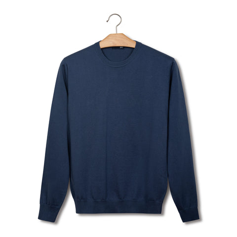 Pull col rond en coton & laine bleu jean