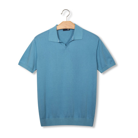 Pull manches courtes à col polo bleu aqua
