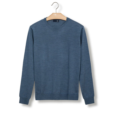 Pull col rond en laine mérinos bleu denim