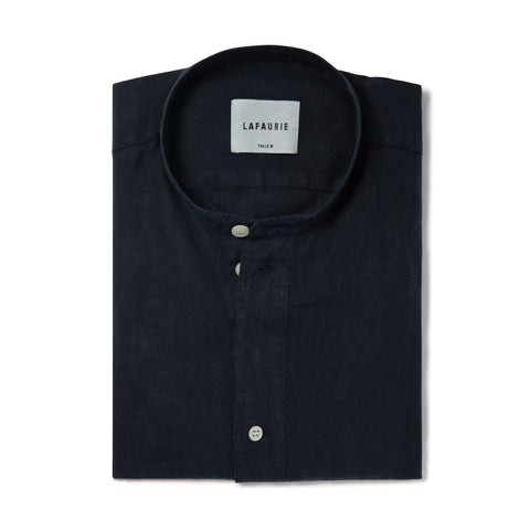 Chemise Lafaurie  à col mao en lin bleu marine
