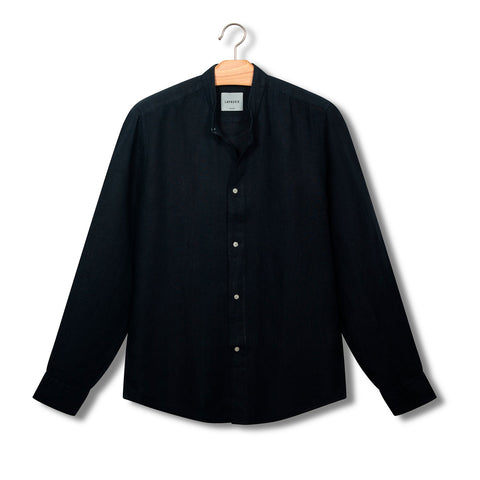 Chemise Lafaurie  à col mao en lin bleu marine