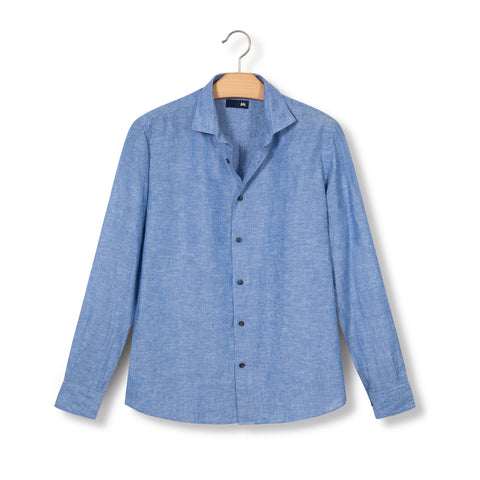 Chemise unie en lin & coton bleu