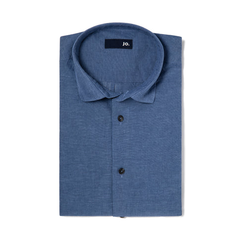 Chemise unie en lin & coton bleu denim