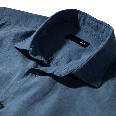 Chemise unie en lin & coton bleu denim