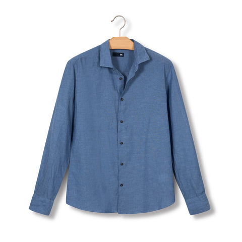 Chemise unie en lin & coton bleu denim
