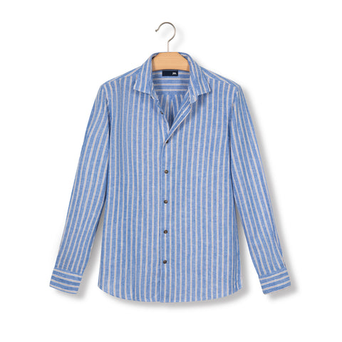Chemise rayée en lin & coton bleu & marron