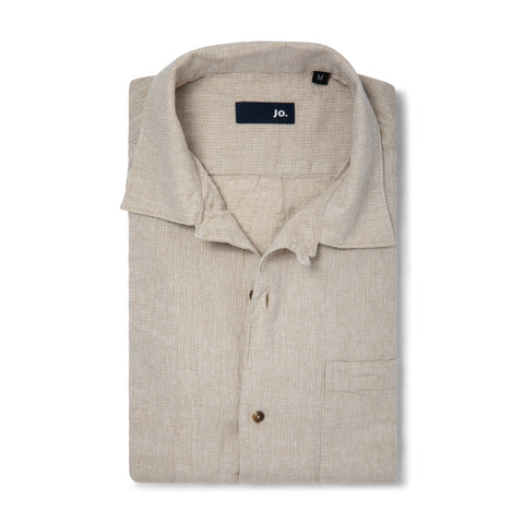 Chemise à col plat en lin et coton texturé beige