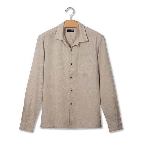Chemise à col plat en lin et coton texturé beige