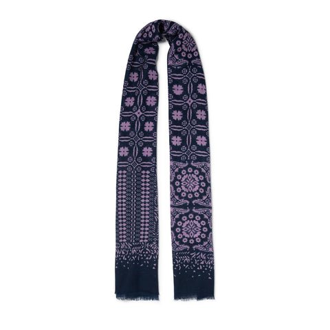 Écharpe à motifs en voile de laine marine et violet