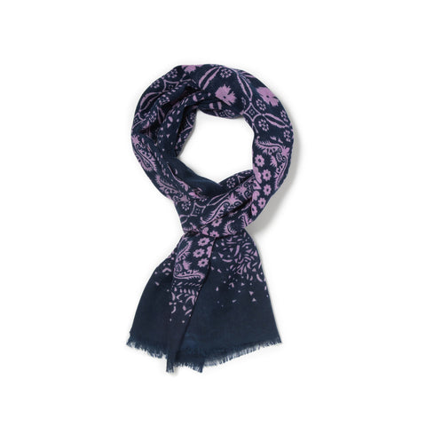 Écharpe à motifs en voile de laine marine et violet