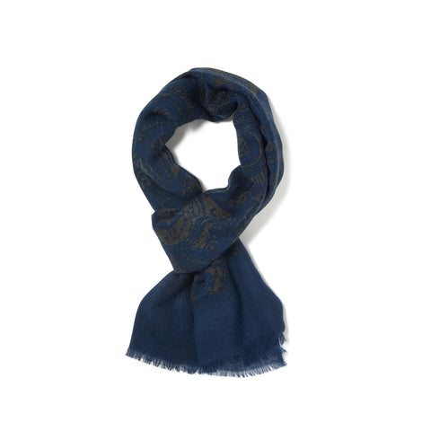 Écharpe à motifs en voile de laine marine & bleu