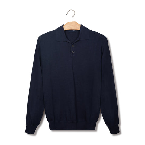 Pull fin en coton à col polo bleu marine