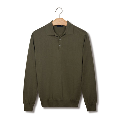 Pull fin en coton à col polo vert kaki