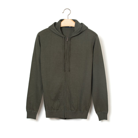 Pull à capuche en coton et laine vert militaire